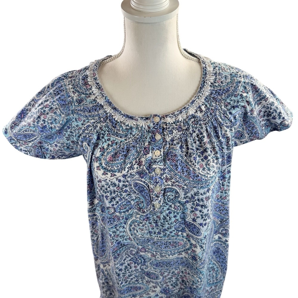 Aria Collection Blue Paisley Short Sleeve 100% Cotton House dress L - Picture 2 of 9